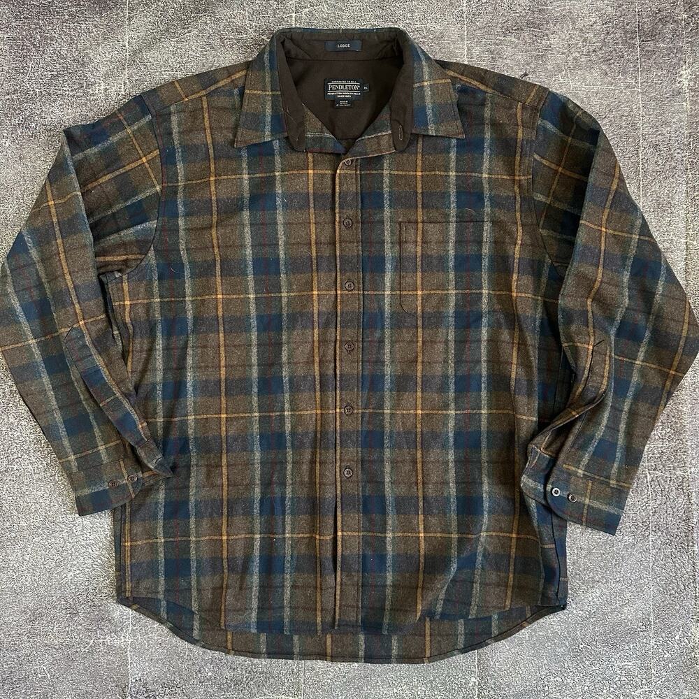 Men's Pendleton 100% Wool Lodge Button Up Plaid Flannel Long Sleeve Shirt Sz XL